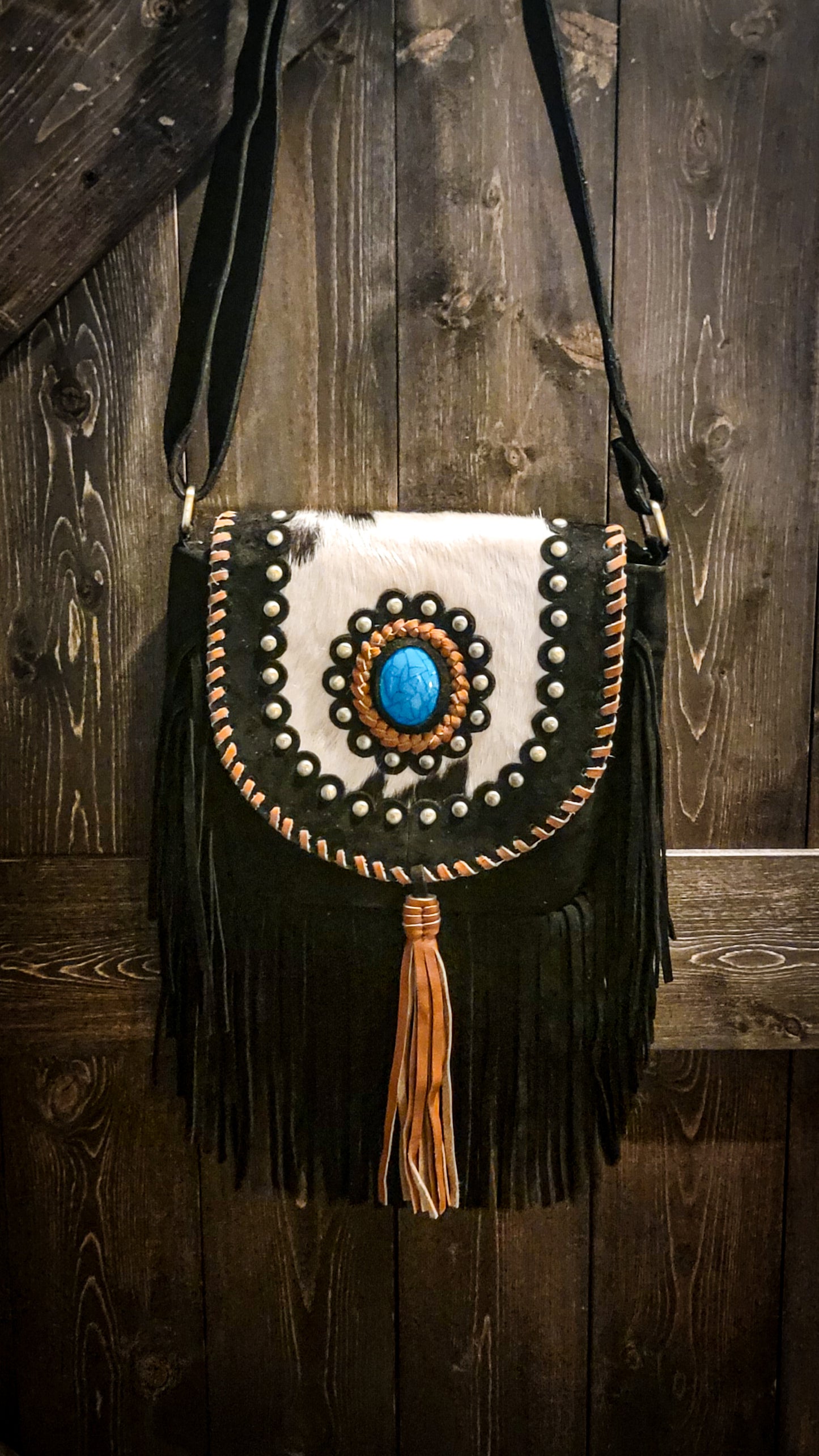 Black Genuine Swede leather fringe crossbody