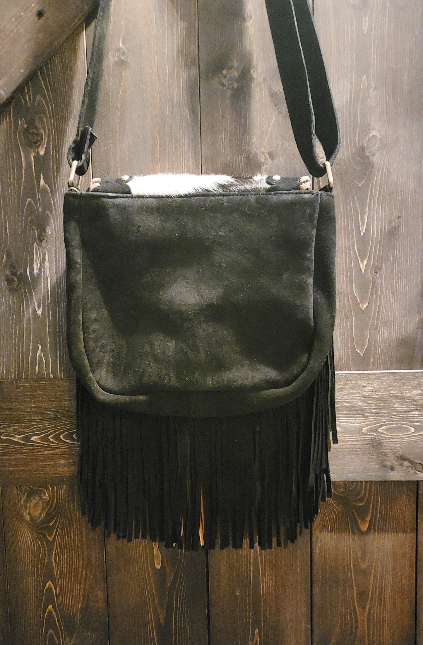 Black Genuine Swede leather fringe crossbody