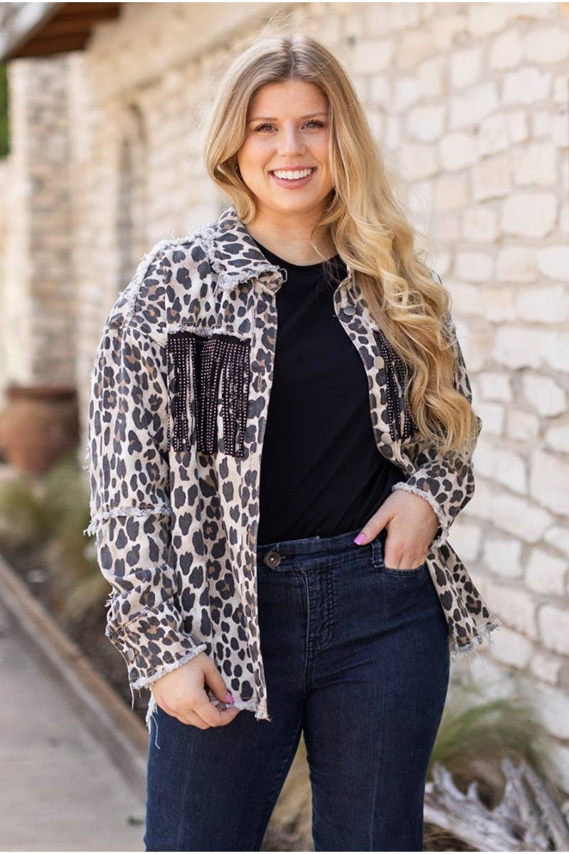 LEOPARD DENIM WITH FRINGE JACKET