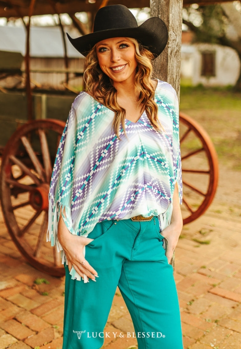 Mint lavender fringe sleeve top