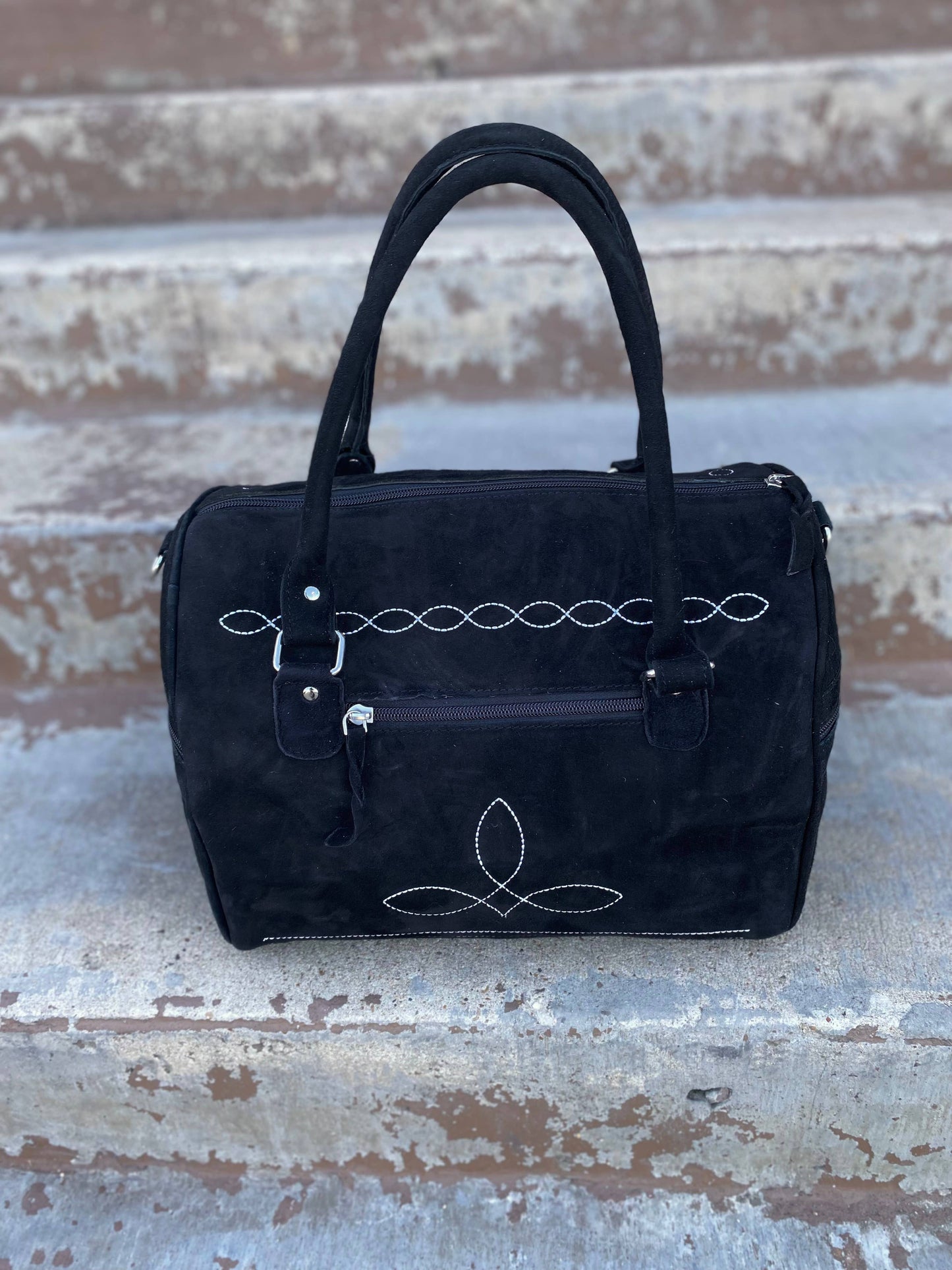 Black Boot Stitch Suede Leather Mini Duffle Bag