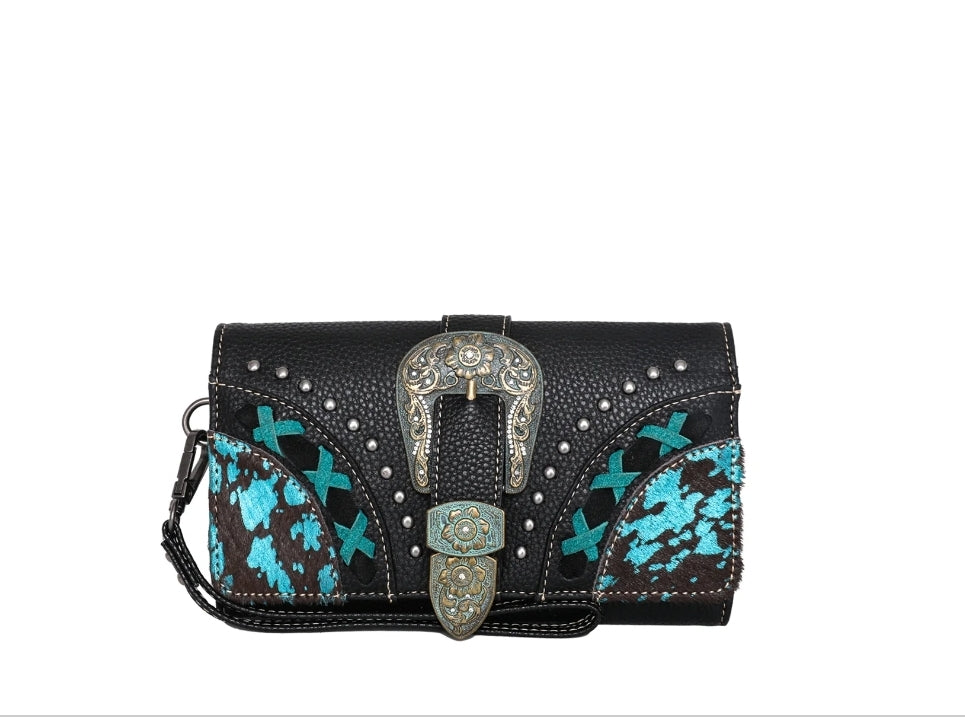 Trinity Ranch Hair-On Cowhide Buckle Collection Wristlet Wallet