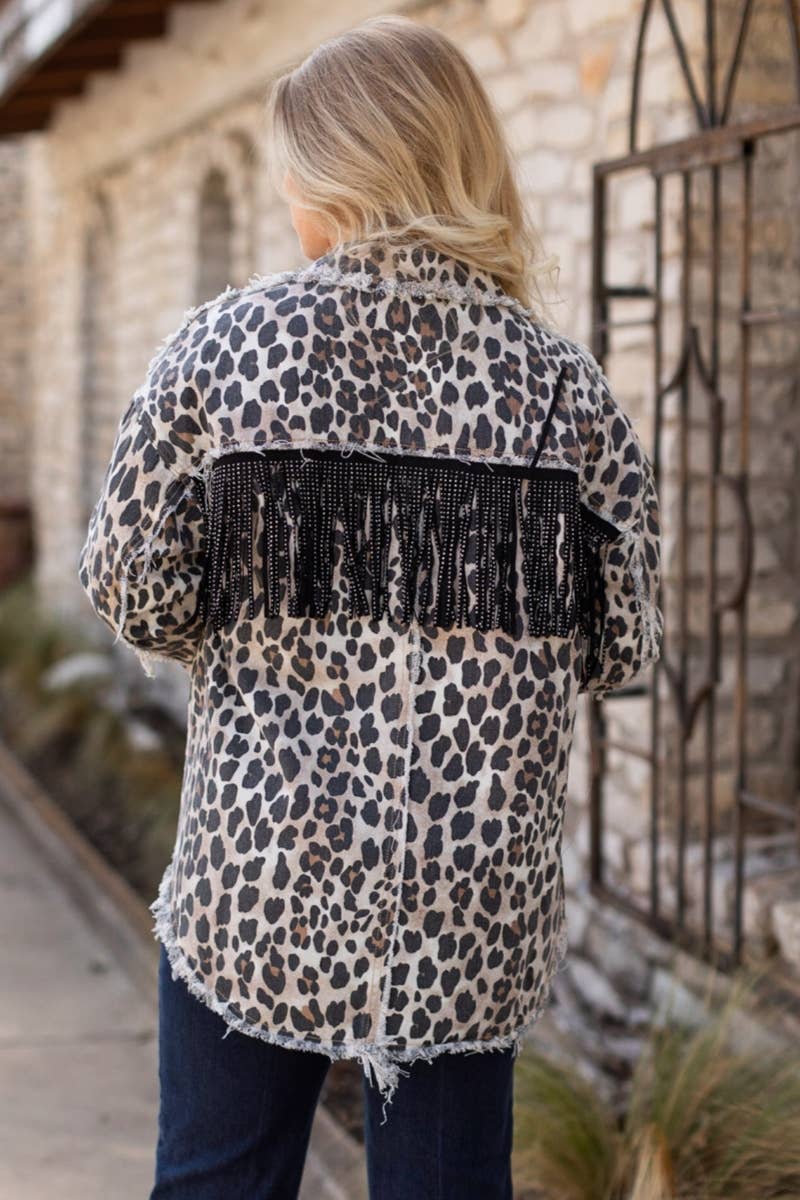 LEOPARD DENIM WITH FRINGE JACKET