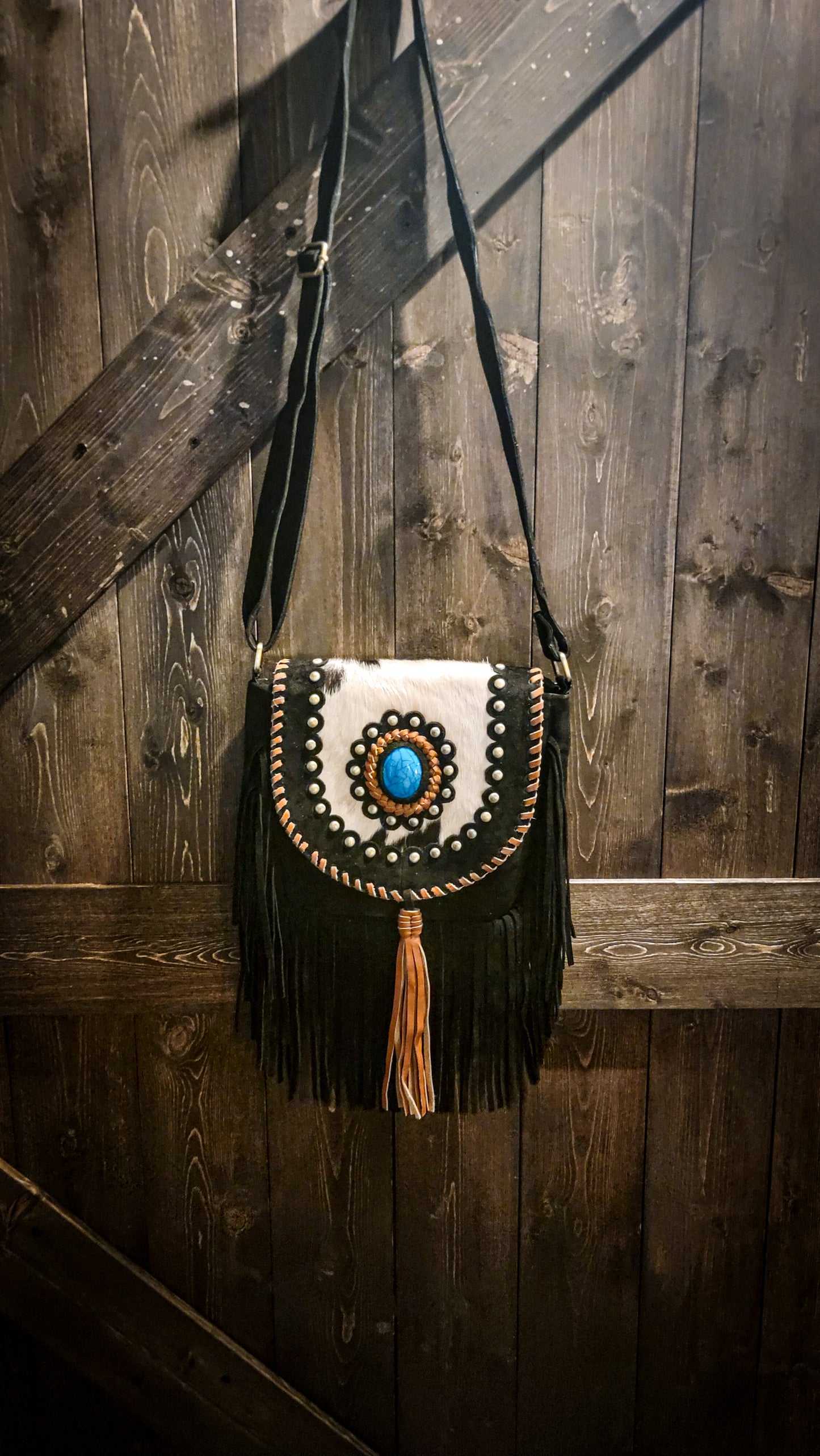 Black Genuine Swede leather fringe crossbody