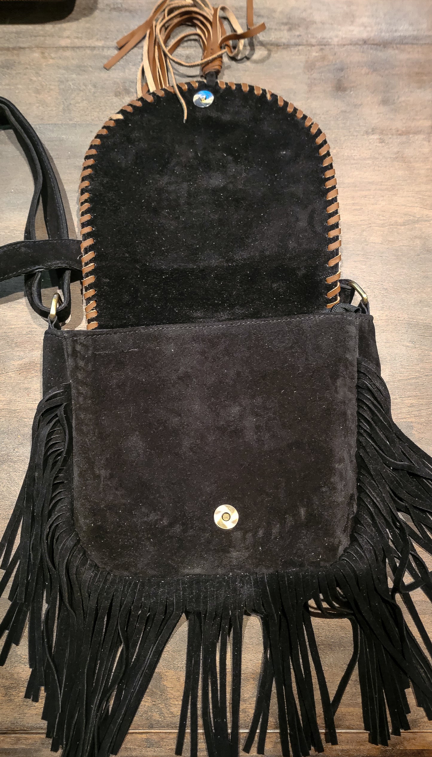 Black Genuine Swede leather fringe crossbody