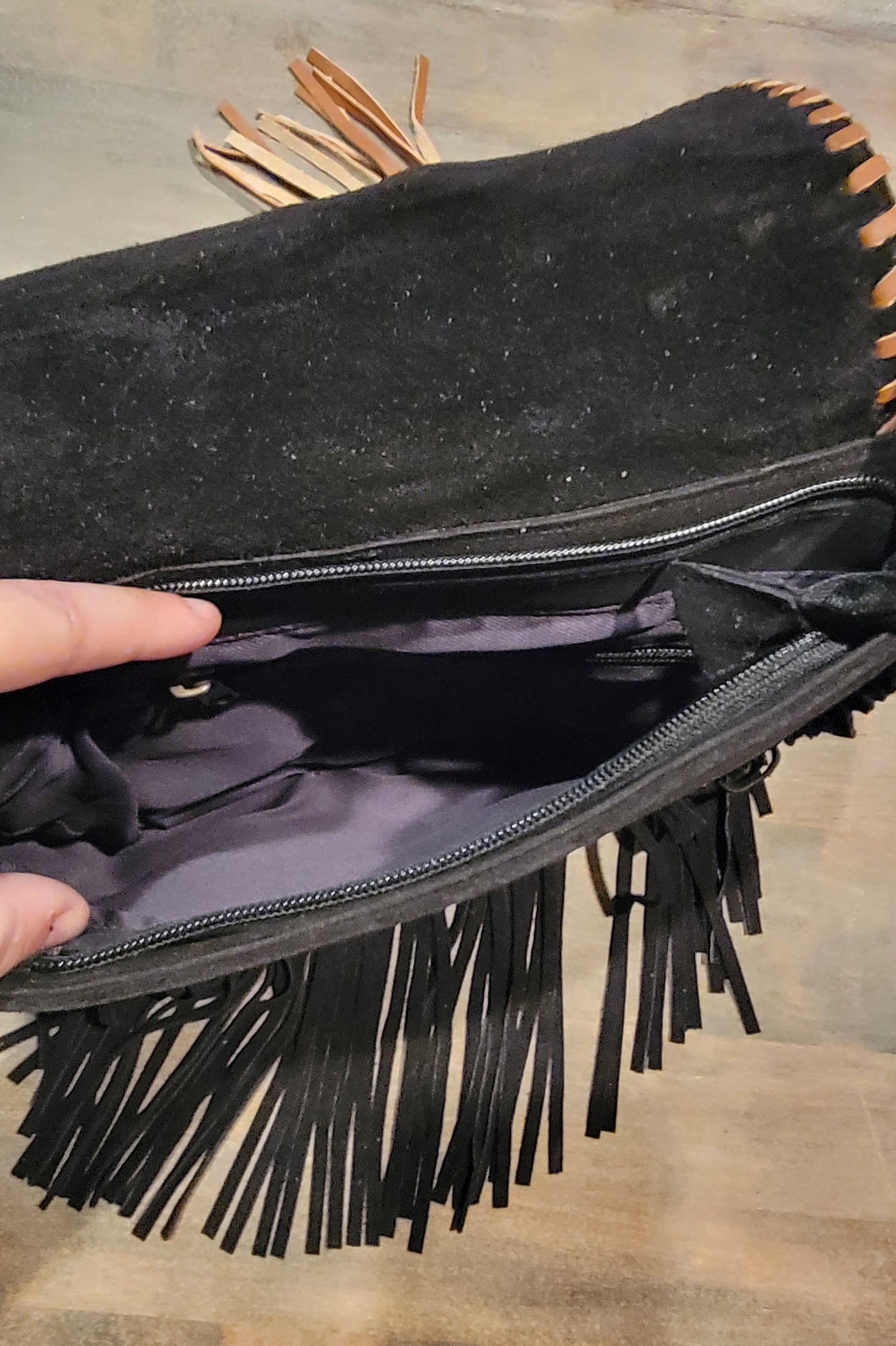 Black Genuine Swede leather fringe crossbody