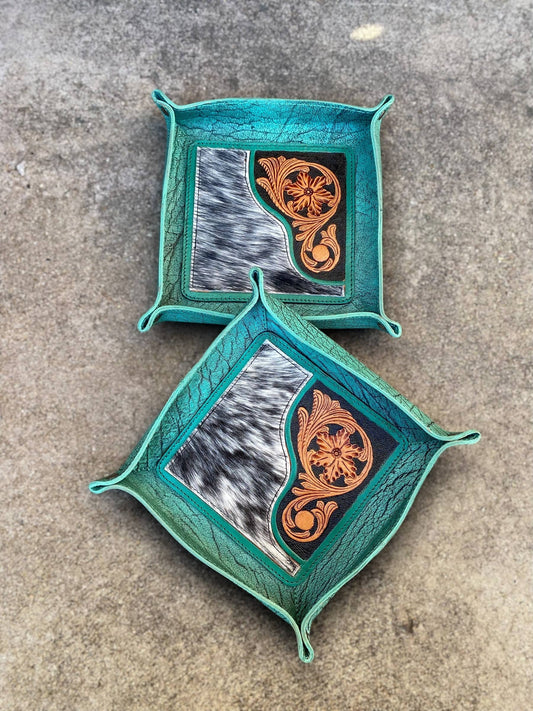 Mini Tray Turquoise Half Cowhide & Tooled Flower 
