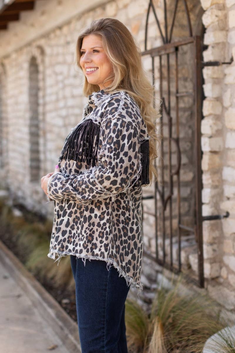 LEOPARD DENIM WITH FRINGE JACKET