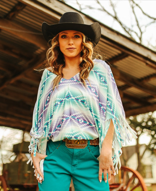 Mint lavender fringe sleeve top