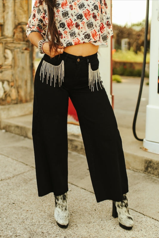 Demin wide leg cropped bling