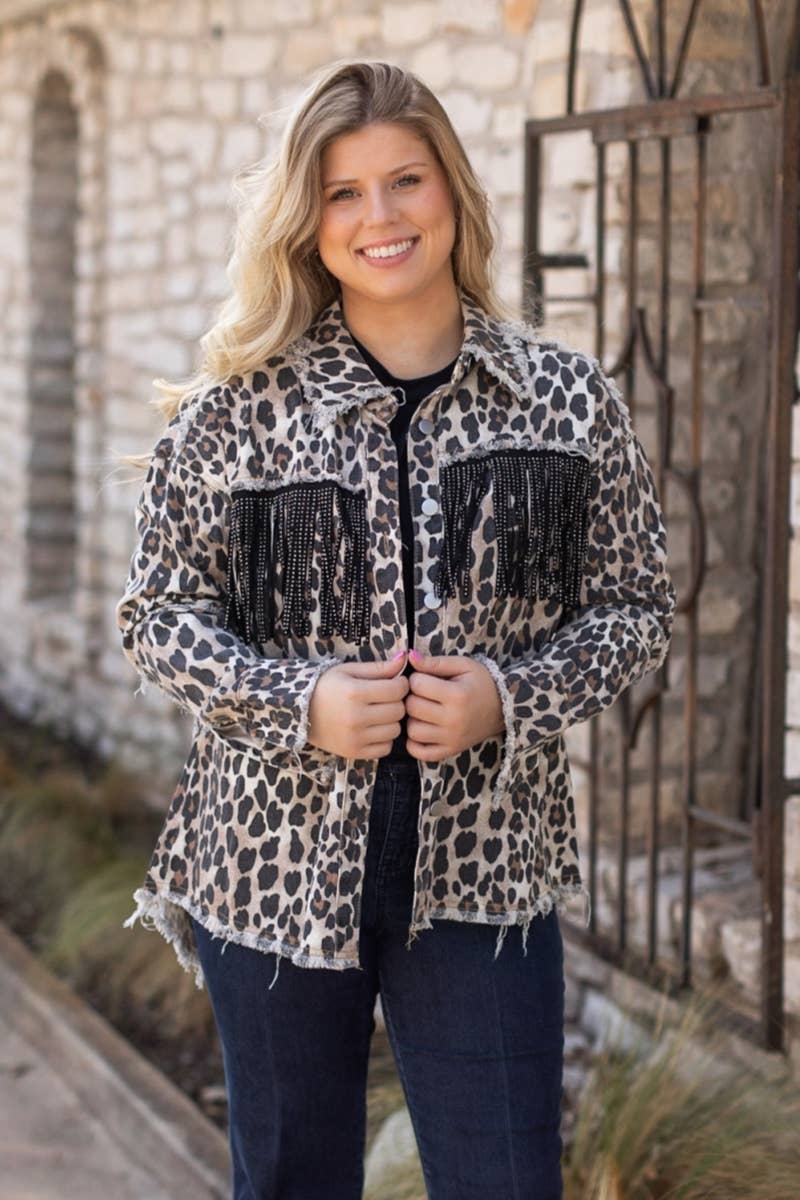 LEOPARD DENIM WITH FRINGE JACKET