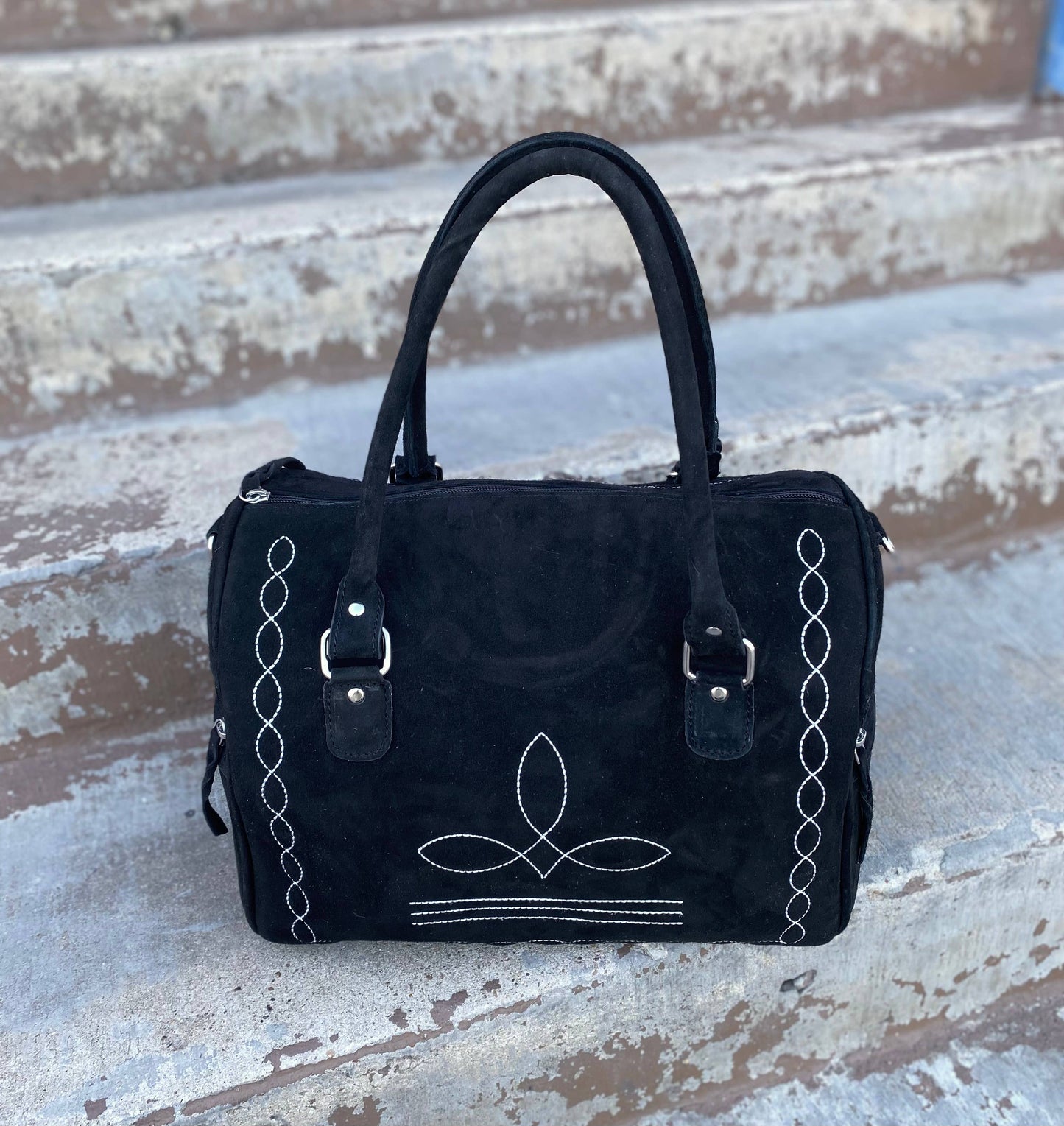 Black Boot Stitch Suede Leather Mini Duffle Bag 